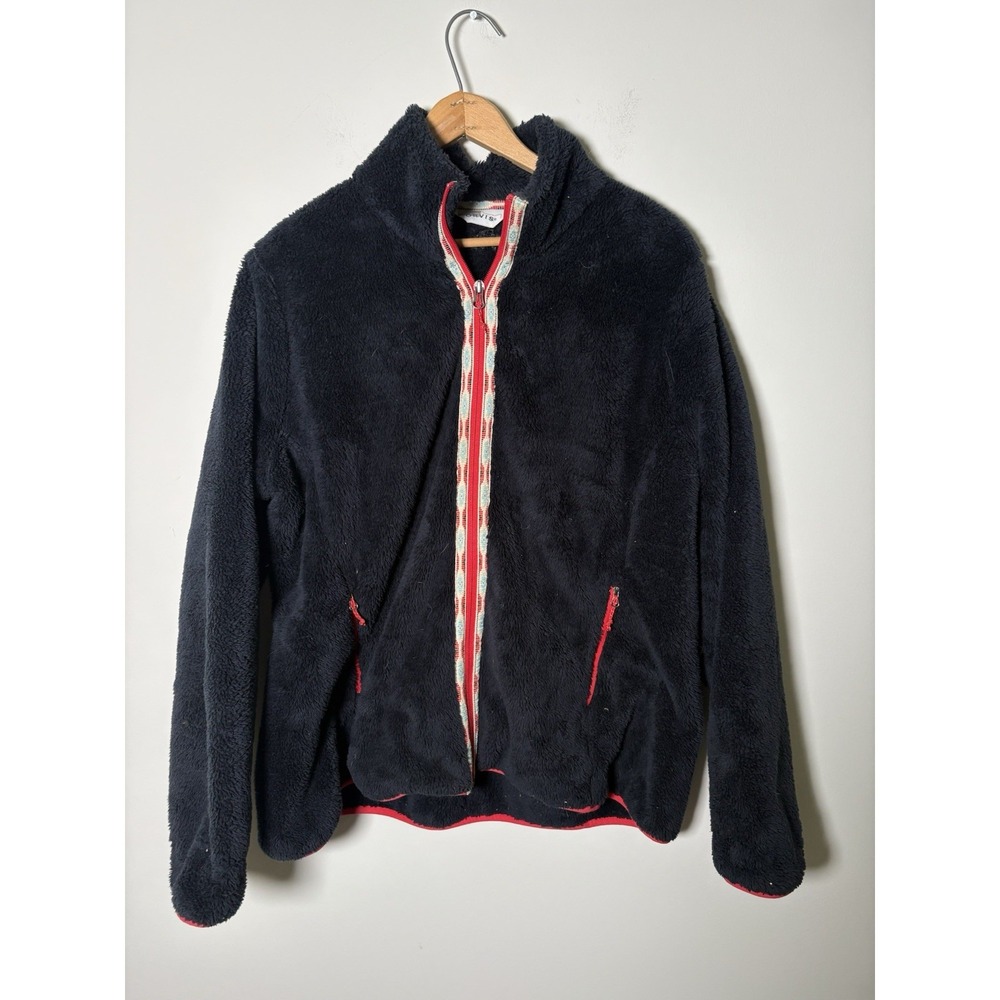 Orvis Sherpa Fleece Jacket Women XL Black Full Zip Aztec Red Trim High Pile Cozy